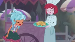 Size: 1916x1080 | Tagged: safe, derpibooru import, screencap, frosty orange, puffed pastry, equestria girls, equestria girls series, sunset's backstage pass!, spoiler:eqg series (season 2), background human, chef's hat, churros, eyes closed, female, food, food cart, hat, outdoors, plate