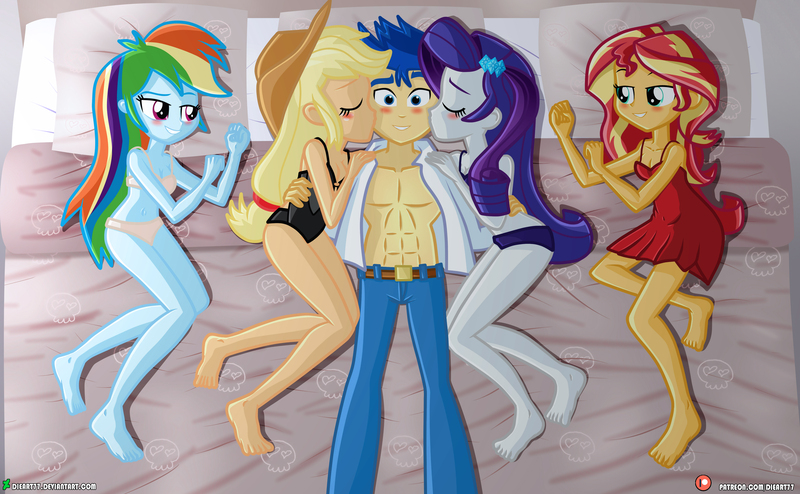 Size: 5000x3090 | Tagged: suggestive, artist:dieart77, derpibooru import, applejack, flash sentry, rainbow dash, rarity, sunset shimmer, human, equestria girls, abs, applejack's hat, barefoot, bed, bedroom, bedroom eyes, belly button, belt, black underwear, blushing, bra, breasts, cleavage, clothes, cowboy hat, eye, eyes, eyes closed, feet, female, fivesome, flash sentry gets all the mares, flash sentry gets all the waifus, flashdash, flashimmer, flashjack, group, hat, imminent orgy, imminent sex, kiss on the cheek, kissing, laying on bed, lidded eyes, lingerie, lucky bastard, lying down, male, meme, negligee, nightgown, on bed, open clothes, open shirt, panties, pants, partial nudity, pillow, polyamory, seductive, seductive look, seductive pose, sentrity, sexy, shipping, side, smiling, straight, thighs, underwear, waifu thief, wall of tags