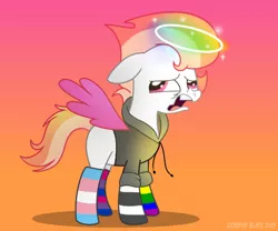 Size: 600x500 | Tagged: safe, artist:lennonblack, derpibooru import, oc, oc:pastel cloud (angel), unofficial characters only, angel pony, original species, pony, angel, blank flank, clothes, commission, disgusted, halo, hoodie, mismatched socks, nonbinary, open mouth, pride, rainbow socks, socks, solo, striped socks, ych result