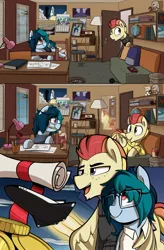Size: 1080x1649 | Tagged: safe, artist:shinodage, derpibooru import, oc, oc:delta vee, oc:jet stream, unofficial characters only, pegasus, pony, comic:delta vee's junkyard, bed, bits, bookshelf, chin fluff, clothes, comic, cute, cutie mark, delta vee's junkyard, eye clipping through hair, freckles, glasses, laying on bed, mouth hold, on bed, pencil, prone, shipping, space shuttle, sweater, technical drawing, younger
