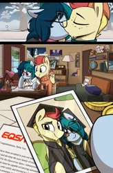 Size: 1080x1649 | Tagged: safe, artist:shinodage, derpibooru import, oc, oc:delta vee, oc:jet stream, unofficial characters only, pegasus, pony, comic:delta vee's junkyard, backpack, bits, bookshelf, chin fluff, clothes, comic, cute, delta vee's junkyard, eqsa, eye clipping through hair, freckles, glasses, globe, graduation, graduation cap, hat, kissing, mouth hold, pencil, plushie, polaroid, sam and max, snow, technical drawing, younger