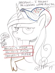 Size: 1256x1657 | Tagged: safe, artist:andypriceart, derpibooru import, edit, editor:dsp2003, princess cadance, queen chrysalis, alicorn, changeling, changeling queen, pony, annoyed, cadance's pizza delivery, comic, commission, female, food, futurama, hat, hoof hold, mare, open mouth, pizza, simple background, single panel, speech bubble, traditional art, white background