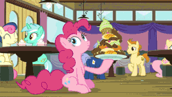 Size: 1920x1080 | Tagged: safe, derpibooru import, screencap, bon bon, fluttershy, golden crust, lyra heartstrings, midnight snack (character), pinkie pie, sweetie drops, earth pony, pegasus, pony, unicorn, a trivial pursuit, animated, chubbie pie, chubby, cupcake, cute, diapinkes, faic, fat, food, friendship student, gif, grin, pinkie being pinkie, pudgy pie, smiling, stuffed, stuffing, that pony sure does love eating, weight gain
