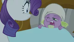 Size: 1280x720 | Tagged: safe, derpibooru import, screencap, rarity, spike, unicorn, dragon dropped, bed, claws, clothes, female, hat, male, mare, nightcap, pajamas, spike's bed