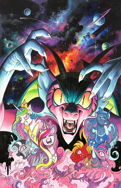 Size: 1236x1913 | Tagged: safe, artist:andypriceart, artist:katiecandraw, derpibooru import, edit, editor:dsp2003, idw, big macintosh, cosmos (character), princess cadance, princess celestia, princess luna, rainbow dash, twilight sparkle, alicorn, chimera, draconequus, earth pony, pony, zebra, cloud, comic, evil laugh, female, laughing, mare, painting, pink, possessed, puppeteer, traditional art