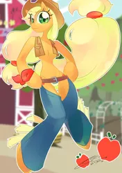 Size: 1000x1417 | Tagged: anthro, applejack's hat, artist:iopichio, bandana, belt, bikini, bikini bottom, breasts, chaps, clothes, cowboy hat, derpibooru import, hat, partial nudity, suggestive, swimsuit, topless, vest