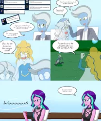 Size: 2000x2400 | Tagged: safe, artist:jake heritagu, derpibooru import, aria blaze, oc, oc:calando mist, oc:holy word, oc:silent hill, ghost, undead, comic:aria's archives, equestria girls, chair, clothes, comic, cousins, dazzling, dialogue, female, jack the ripper, male, nintendo switch, offspring, parent:adagio dazzle, parent:oc:calando mist, parent:sonata dusk, parents:canon x oc, speech bubble, table