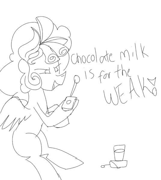 Size: 894x1000 | Tagged: safe, artist:treble clefé, derpibooru import, cozy glow, pegasus, pony, bomb, chocolate, chocolate milk, evil, explosives, female, filly, food, milk, missing cutie mark, no tail, pure concentrated unfiltered evil of the utmost potency, pure unfiltered evil, sitting, solo, weapon, writing