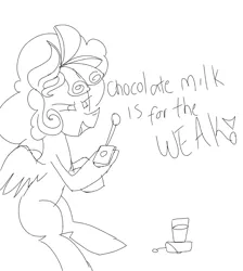 Size: 894x1000 | Tagged: safe, artist:treble clefé, derpibooru import, cozy glow, pegasus, pony, bomb, chocolate, chocolate milk, evil, explosives, female, filly, food, milk, missing cutie mark, no tail, pure concentrated unfiltered evil of the utmost potency, pure unfiltered evil, sitting, solo, weapon, writing