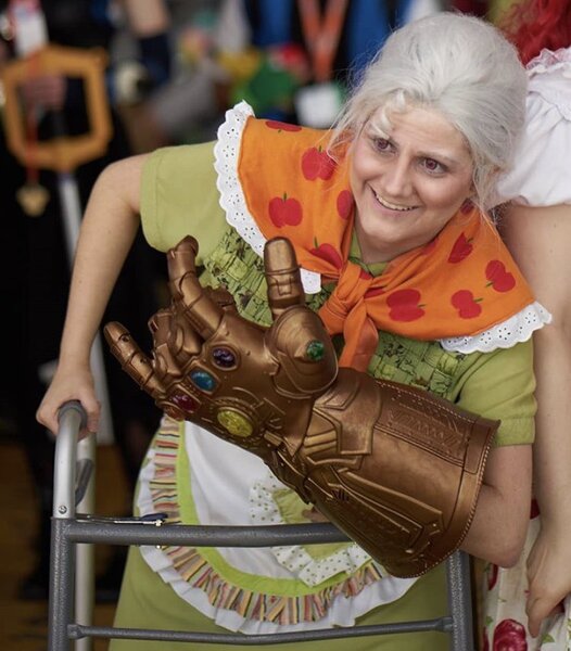 Size: 827x943 | Tagged: artist:sarahndipity212, artist:zombienixon, bronycon, clothes, cosplay, costume, derpibooru import, devil horn (gesture), granny smith, human, infinity gauntlet, irl, irl human, keyblade, kingdom hearts, photo, revenge, safe