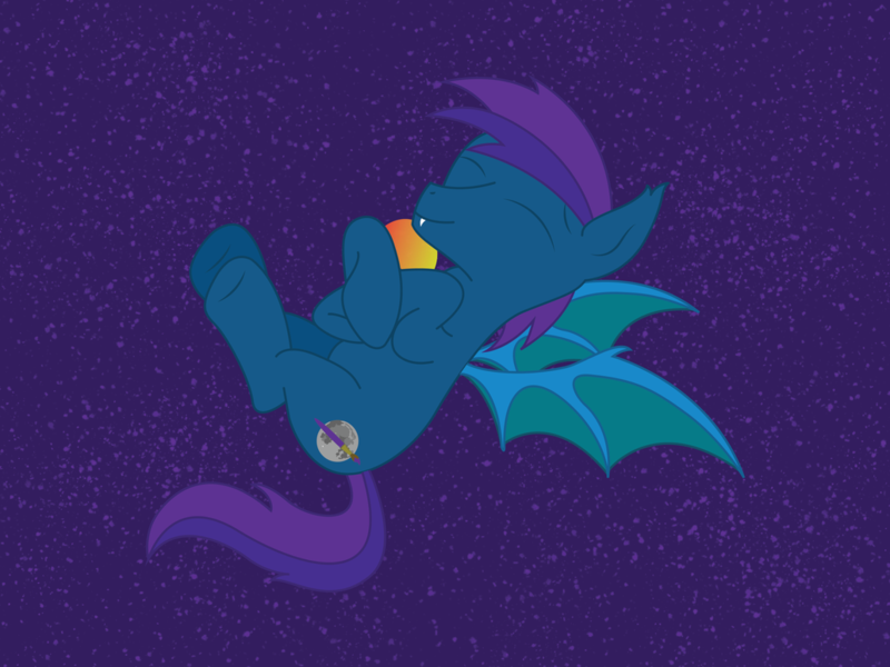 Size: 1032x774 | Tagged: safe, artist:cosmiceclipsed, derpibooru import, oc, oc:stardust, oc:stardust(cosmiceclipse), unofficial characters only, bat pony, pony, bat pony oc, bat wings, cutie mark, ear fluff, fangs, floating, flying, food, happy, male, mango, membranous wings, purple background, relaxing, simple background, smiling, solo, stallion, vector, vector trace, wings