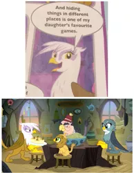 Size: 617x796 | Tagged: safe, derpibooru import, official, gabby, gilda, grampa gruff, grizzle, gryphon, the hearth's warming club, the voice of reason, griffon scone, lore, mom gilda, official comic, stool