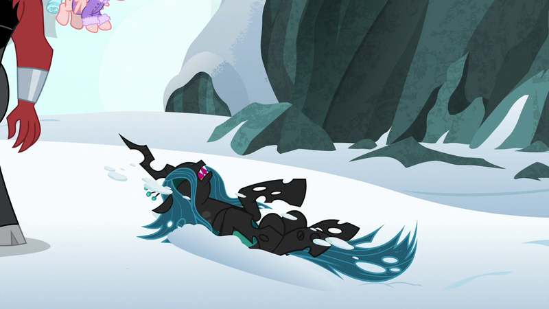 Size: 1280x720 | Tagged: safe, derpibooru import, screencap, cozy glow, lord tirek, queen chrysalis, centaur, changeling, changeling queen, pegasus, pony, frenemies (episode), female, on back, snow, solo focus