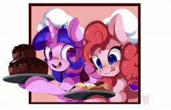 Size: 2048x1318 | Tagged: safe, artist:tohupo, derpibooru import, pinkie pie, twilight sparkle, twilight sparkle (alicorn), alicorn, earth pony, pony, cake, chef's hat, chocolate cake, cooking, desert, donut, female, food, hat, mare, open mouth, smiling, tongue out