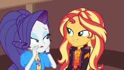 Size: 1920x1080 | Tagged: safe, derpibooru import, screencap, rarity, sunset shimmer, equestria girls, equestria girls series, festival filters, spoiler:eqg series (season 2), bolero jacket, clothes, duo, duo female, eyeshadow, female, geode of empathy, geode of shielding, hands on face, jacket, lidded eyes, magical geodes, makeup, smiling