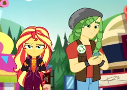 Size: 1522x1080 | Tagged: safe, derpibooru import, screencap, sandalwood, sunset shimmer, equestria girls, equestria girls series, sunset's backstage pass!, spoiler:eqg series (season 2), annoyed, clothes, cropped, female, food truck, geode of empathy, hat, magical geodes, male, mobile phone, outdoors, phone, smartphone, vest