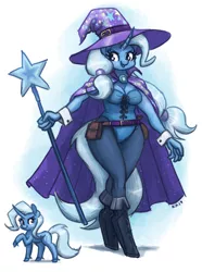 Size: 1600x2151 | Tagged: suggestive, artist:king-kakapo, derpibooru import, trixie, anthro, unguligrade anthro, unicorn, alternate hairstyle, belt, boots, breasts, cape, cleavage, clothes, cuffs (clothes), female, hat, image, leotard, magic wand, pantyhose, png, shoes, staff, trixie's cape, trixie's hat, wand