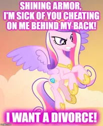 Size: 500x609 | Tagged: safe, derpibooru import, princess cadance, shining armor, pony, three's a crowd, divorce, implied infidelity, implied shining armor, infidelity, infidelity armor, meme, op is on drugs