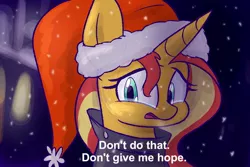 Size: 1200x800 | Tagged: safe, artist:heir-of-rick, derpibooru import, sunset shimmer, pony, unicorn, equestria girls, equestria girls series, holidays unwrapped, spoiler:eqg series (season 2), avengers: endgame, christmas, crying, don't give me hope, hat, holiday, santa hat, snow, solo