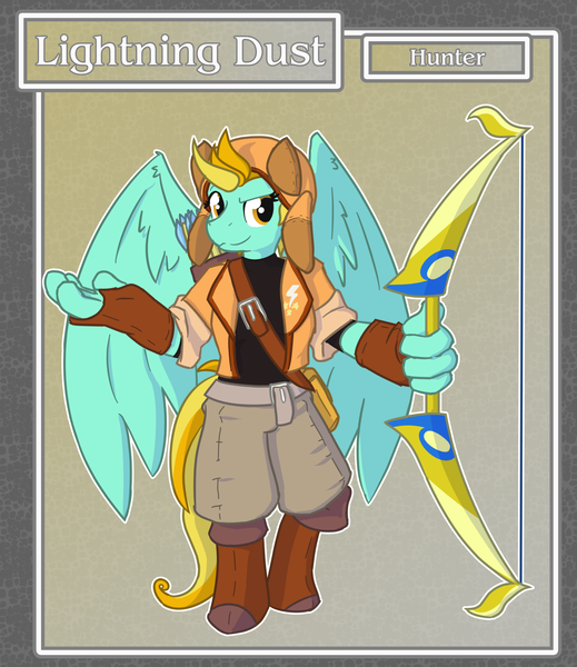 Size: 1688x1950 | Tagged: anthro, artist:brownie-bytes, bow (weapon), clothes, crossover, derpibooru import, final fantasy, fingerless gloves, gloves, lightning dust, safe, solo, unguligrade anthro, weapon