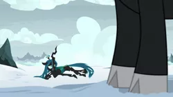 Size: 1920x1080 | Tagged: centaur, changeling, changeling queen, cloven hooves, derpibooru import, drained, female, frenemies (episode), lord tirek, prone, queen chrysalis, safe, screencap, snow