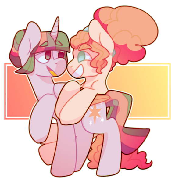 Size: 1212x1267 | Tagged: safe, artist:geisharozu, derpibooru import, pinkie pie, twilight sparkle, twilight sparkle (alicorn), alicorn, pony, alternate hairstyle, female, lesbian, shipping, twinkie