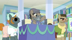 Size: 1920x1080 | Tagged: safe, derpibooru import, screencap, biff, doctor caballeron, rogue (character), earth pony, pony, daring doubt, book, disguise, fake beard, flat cap, groom q.q. martingale, hat, henchmen, male, stallion