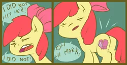 Size: 1000x510 | Tagged: safe, artist:atryl, derpibooru import, apple bloom, pony, alternate cutie mark, apple bloom's bow, bow, comic, cutie mark, dialogue, ear fluff, eyes closed, hair bow, ohai mark, open mouth, parody, pun, simple background, solo, speech bubble, the room, tommy wiseau