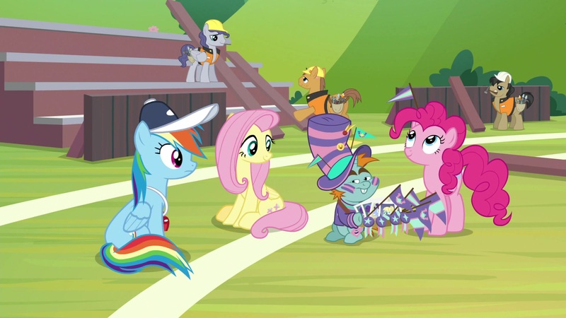 Size: 1920x1080 | Tagged: safe, derpibooru import, screencap, fluttershy, jack hammer, pinkie pie, rainbow dash, rivet, snips, steam roller (character), pony, 2 4 6 greaaat, cap, flag, hat