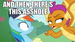 Size: 960x540 | Tagged: 2 4 6 greaaat, and then there's this asshole, caption, derpibooru import, dragon, duo, edit, edited screencap, food, hat, image macro, meme, popcorn, rainbow dash, safe, screencap, smolder, text, vulgar