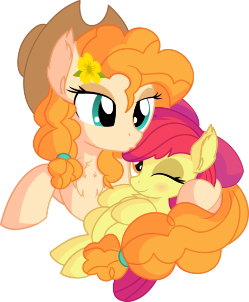 Size: 6545x7934 | Tagged: safe, artist:cyanlightning, derpibooru import, apple bloom, pear butter, earth pony, pony, .svg available, absurd resolution, adorabloom, apple bloom's bow, bow, cute, duo, eyes closed, female, filly, forehead kiss, hair bow, hat, holding, hug, kissing, lidded eyes, mare, mother and child, mother and daughter, motherly, simple background, sitting, transparent background, vector