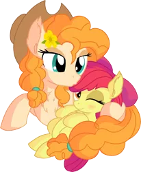 Size: 6545x7934 | Tagged: safe, artist:cyanlightning, derpibooru import, apple bloom, pear butter, earth pony, pony, .svg available, absurd resolution, adorabloom, apple bloom's bow, bow, cute, duo, eyes closed, female, filly, forehead kiss, hair bow, hat, holding, hug, kissing, lidded eyes, mare, mother and child, mother and daughter, motherly, simple background, sitting, transparent background, vector