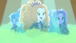 Size: 1908x1080 | Tagged: safe, derpibooru import, screencap, adagio dazzle, aria blaze, sonata dusk, equestria girls, equestria girls series, sunset's backstage pass!, spoiler:eqg series (season 2), adoragio, ariabetes, cute, female, green smoke, microphone, one eye closed, pigtails, ponytail, singing, smoke, sonatabetes, spotlight, stage light, taco dress, the dazzlings, trio, trio female, twintails, wink