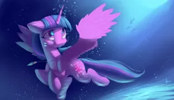 Size: 4350x2500 | Tagged: safe, artist:auroriia, derpibooru import, twilight sparkle, twilight sparkle (alicorn), alicorn, pony, absurd resolution, bubble, female, holding breath, mare, solo, swimming, underwater, updated