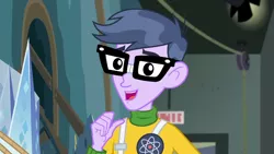 Size: 1280x720 | Tagged: safe, derpibooru import, screencap, microchips, all the world's off stage, equestria girls, equestria girls series, all the world's off stage: micro chips, clothes, cyoa, glasses, male, smiling, solo