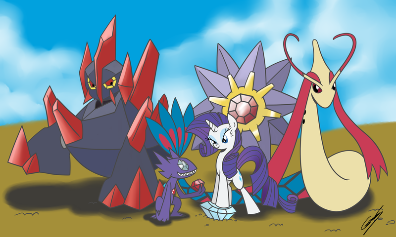 Size: 3000x1800 | Tagged: artist:gearholder, crossover, derpibooru import, gigalith, milotic, pokémon, rarity, sableye, safe, starmie