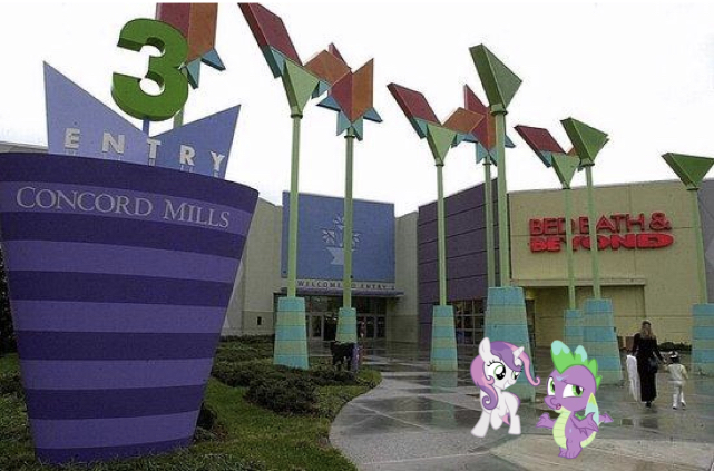Size: 641x423 | Tagged: safe, derpibooru import, edit, editor:undeadponysoldier, spike, sweetie belle, dragon, human, pony, unicorn, bedeath & beyond, concord mills mall, dragons in real life, female, filly, irl, irl human, male, mall, photo, ponies in real life, rain, shipping, spike is not amused, spikebelle, straight, unamused, wet, wet mane
