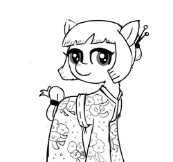 Size: 640x600 | Tagged: safe, artist:ficficponyfic, derpibooru import, oc, oc:sushi, pony, colt quest, clothes, cyoa, female, hair bun, kimono (clothing), mare, monochrome, solo, spy, story included, tail wrap