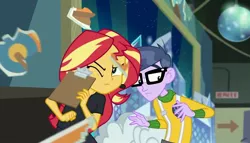 Size: 1263x720 | Tagged: safe, derpibooru import, screencap, microchips, sunset shimmer, all the world's off stage, equestria girls, equestria girls series, all the world's off stage: micro chips, clothes, cyoa, female, glasses, male, one eye closed
