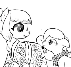 Size: 640x600 | Tagged: safe, artist:ficficponyfic, derpibooru import, oc, oc:emerald jewel, oc:sushi, pony, colt quest, bandana, bedroom eyes, clothes, cyoa, eyeshadow, kimono (clothing), makeup, monochrome, pigtails, story included, tail wrap