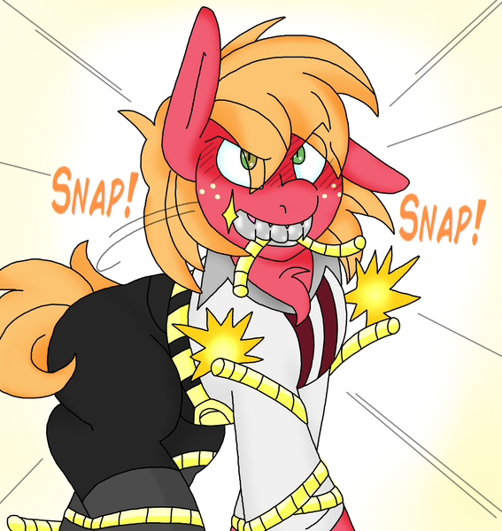 Size: 1420x1503 | Tagged: safe, artist:blackbewhite2k7, derpibooru import, big macintosh, earth pony, pony, biting, crossover, escape, eye clipping through hair, james bond, jaws (james bond), male, metal, onomatopoeia, parody, rope, solo, stallion, teeth