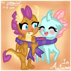 Size: 1038x1041 | Tagged: artist:penguin?, changedling, changeling, clothes, cute, derpibooru import, diaocelles, dragon, dragoness, female, lesbian, ocellus, safe, scarf, shared clothing, shared scarf, shipping, smolcellus, smolder, smolderbetes, smoldere, tsundere
