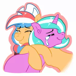 Size: 1200x1200 | Tagged: safe, derpibooru import, oc, oc:ember, oc:mane event, unofficial characters only, earth pony, pony, unicorn, bronycon, crying, duo, dutch cap, female, hat, hearth's warming con, hug, mare, mascot, netherlands