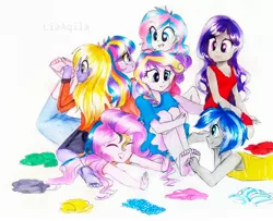 Size: 2686x2179 | Tagged: safe, alternate version, artist:liaaqila, derpibooru import, princess flurry heart, princess skyla, oc, oc:espion, oc:foxtrot (ice1517), oc:lovebug (ice1517), oc:prince dust, oc:starbright sword, changepony, hybrid, icey-verse, equestria girls, barefoot, brother and sister, clothes, commission, crying, cute, equestria girls-ified, eyes closed, feet, female, femboy, fetish, foot fetish, grin, half-siblings, hoodie, interspecies offspring, jeans, laughing, magical lesbian spawn, male, multicolored hair, offspring, pants, parent:princess cadance, parent:queen chrysalis, parent:shining armor, parents:cadalis, parents:shining chrysalis, parents:shiningcadance, rule 63, shirt, siblings, simple background, sisters, sitting on person, smiling, socks, striped socks, t-shirt, tanktop, tears of laughter, teary eyes, tickle fight, tickle torture, tickling, traditional art, trans girl, transgender, wall of tags, white background