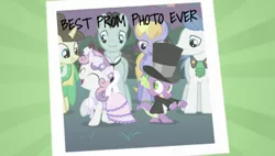 Size: 636x361 | Tagged: safe, derpibooru import, edit, edited screencap, editor:undeadponysoldier, screencap, bruce mane, cloud kicker, fine line, maxie, orion, shooting star (character), spike, sweetie belle, dragon, earth pony, pegasus, pony, unicorn, a canterlot wedding, boyfriend and girlfriend, caption, clothes, cuit, cute, diasweetes, dress, female, filly, flower, flower in hair, hat, image, image macro, jpeg, male, mare, photo, prom, prom night picture, shipping, spikebelle, stallion, straight, sunburst background, text, top hat, word art