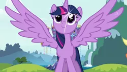Size: 1280x720 | Tagged: safe, derpibooru import, screencap, applejack, twilight sparkle, twilight sparkle (alicorn), alicorn, pony, intro, looking up, opening, sparkles, spread wings, theme song, twilight's castle, wings