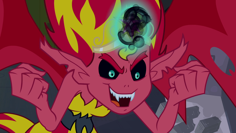 Size: 1920x1080 | Tagged: safe, derpibooru import, screencap, sunset shimmer, demon, equestria girls, equestria girls (movie), big crown thingy, element of magic, fangs, female, jewelry, monster, regalia, solo, sunset satan