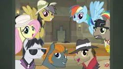Size: 1920x1080 | Tagged: safe, derpibooru import, screencap, a.k. yearling, biff, daring do, doctor caballeron, fluttershy, rainbow dash, rogue (character), withers, earth pony, pegasus, pony, daring doubt, fantasy class, fedora, female, hat, henchmen, male, mare, pith helmet, rogue, sideburns, stallion, sunglasses, temple