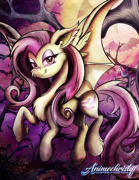 Size: 786x1017 | Tagged: safe, artist:animechristy, derpibooru import, fluttershy, bat, bat pony, pegasus, pony, bats!, bat ponified, bat wings, fangs, flutterbat, night, purple sky, race swap, tree, wings