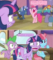 Size: 1600x1808 | Tagged: alicorn, a trivial pursuit, bag, ceiling light, comic, cranky doodle donkey, cup cake, derpibooru import, dialogue, doctor whooves, door, dragon, edit, edited screencap, excited, eye twitch, fake smile, floppy ears, flying, friendship student, grin, maud pie, midnight snack (character), nervous, nervous grin, pinkie pie, saddle bag, safe, screencap, screencap comic, smiling, speech bubble, spike, sunburst, table flip, time turner, twilight sparkle, twilight sparkle (alicorn), waving, window, winged spike